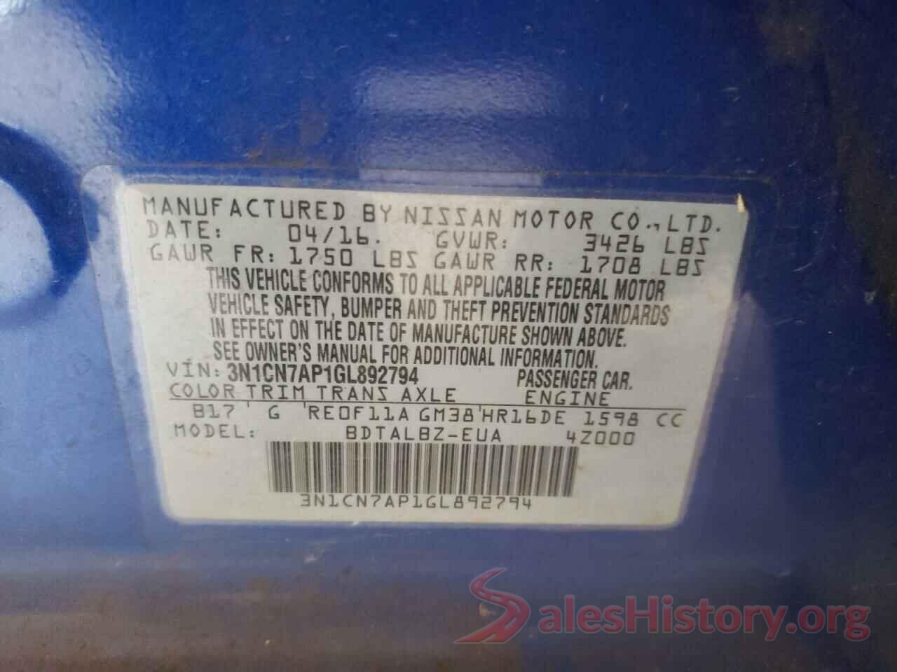 3N1CN7AP1GL892794 2016 NISSAN VERSA