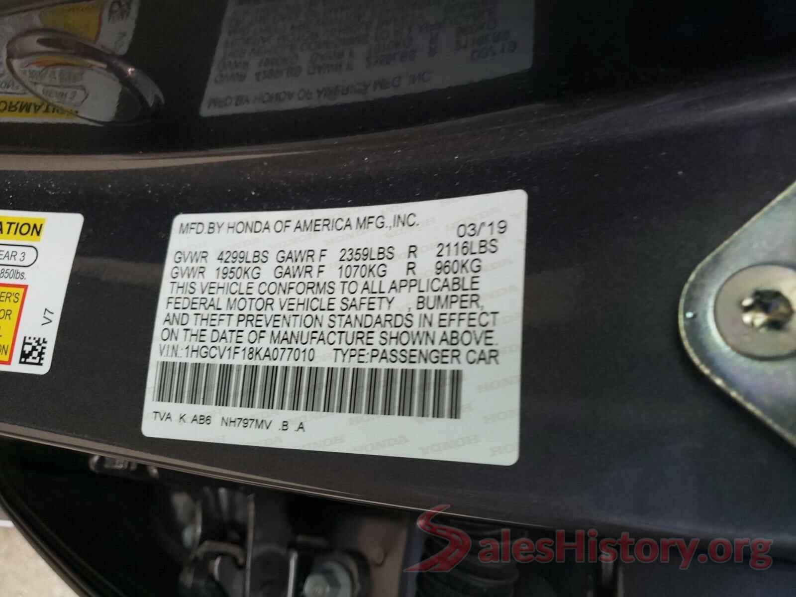 1HGCV1F18KA077010 2019 HONDA ACCORD