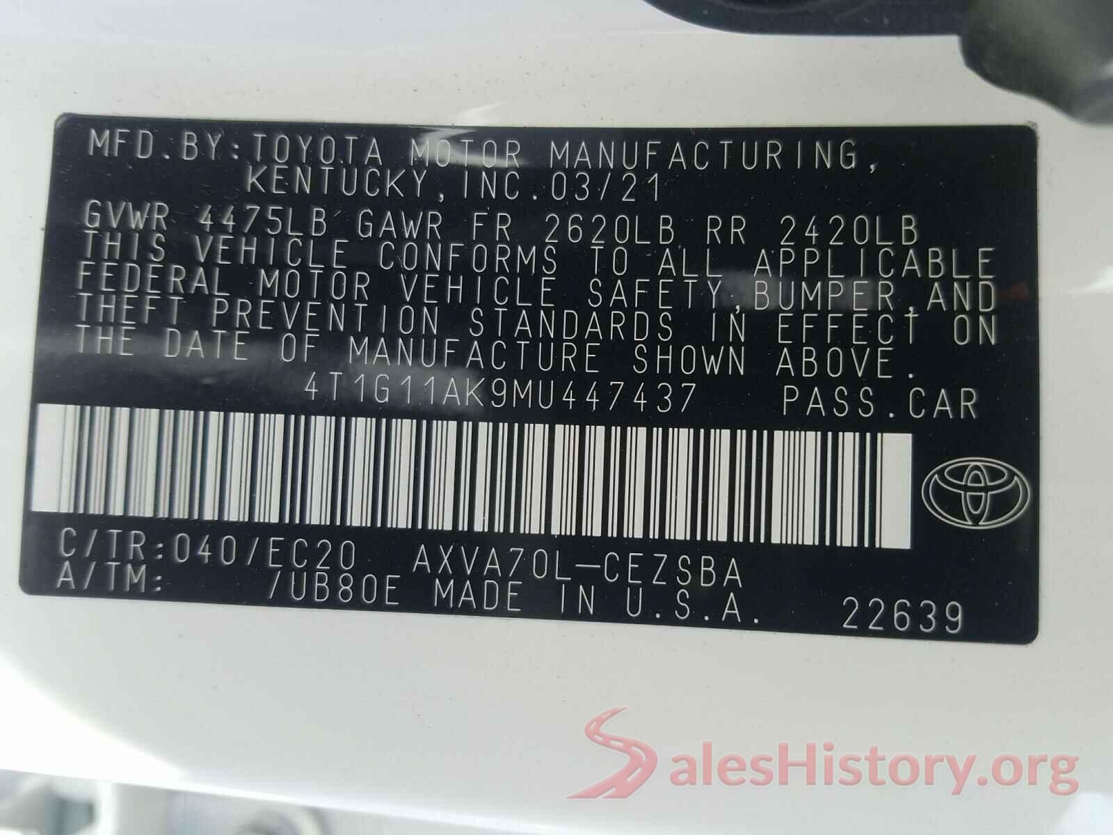 4T1G11AK9MU447437 2021 TOYOTA CAMRY