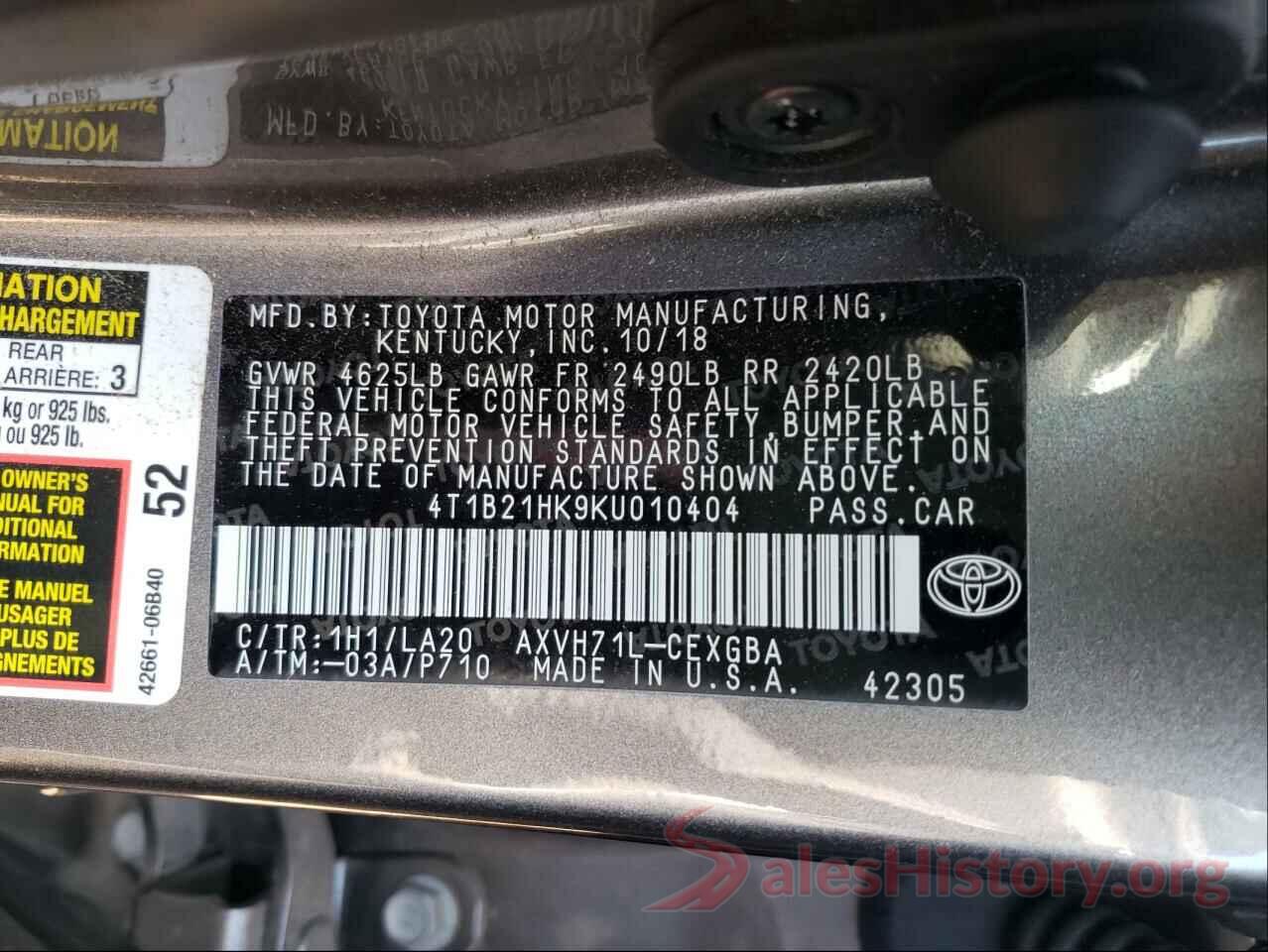 4T1B21HK9KU010404 2019 TOYOTA CAMRY