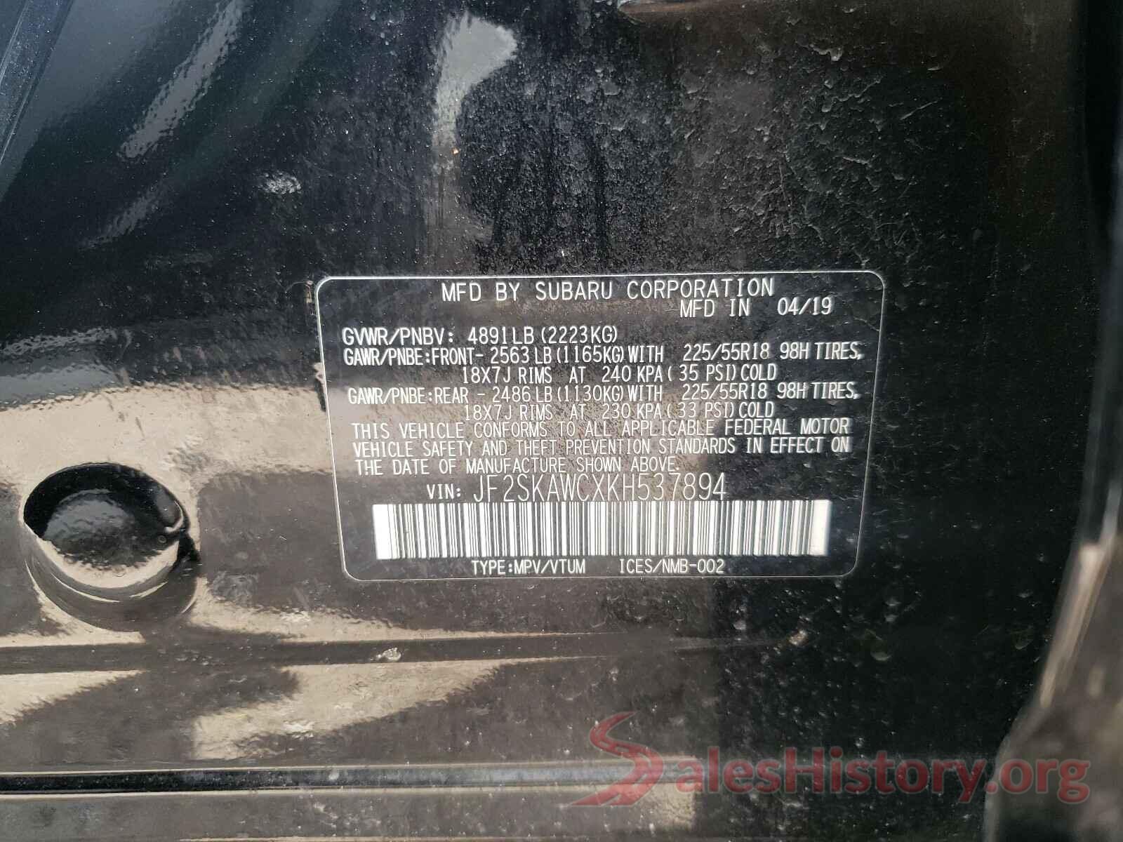 JF2SKAWCXKH537894 2019 SUBARU FORESTER