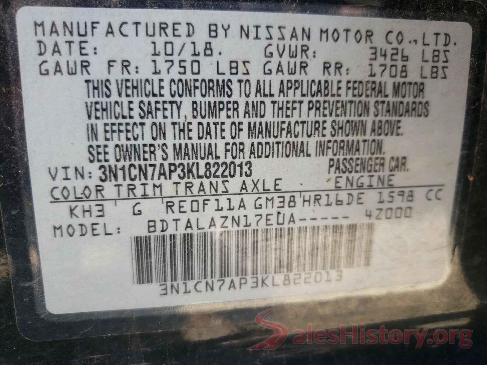 3N1CN7AP3KL822013 2019 NISSAN VERSA