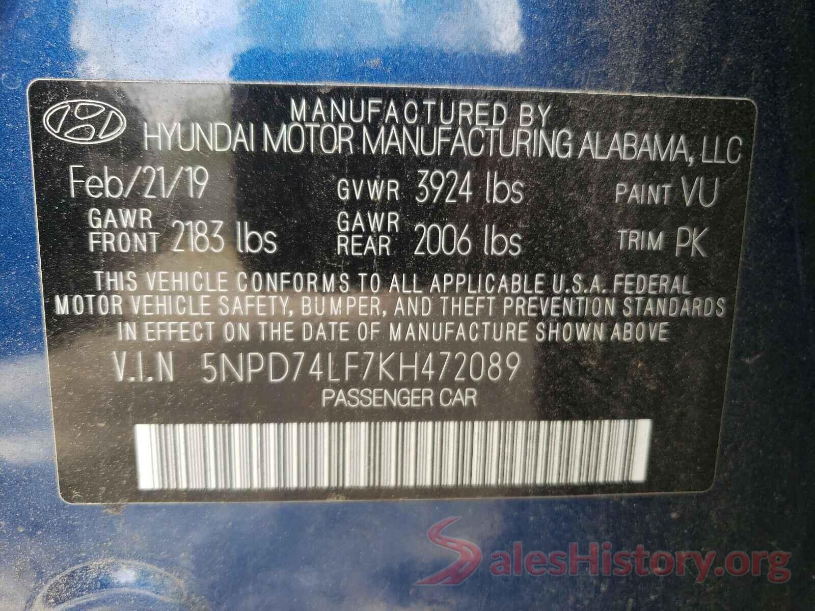 5NPD74LFKH472089 2019 HYUNDAI ELANTRA