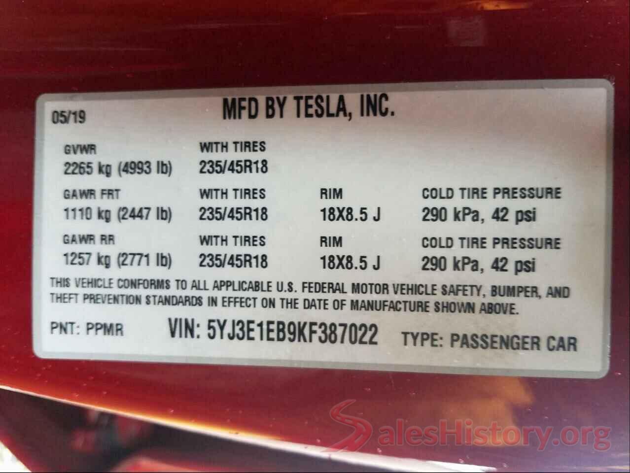 5YJ3E1EB9KF387022 2019 TESLA MODEL 3