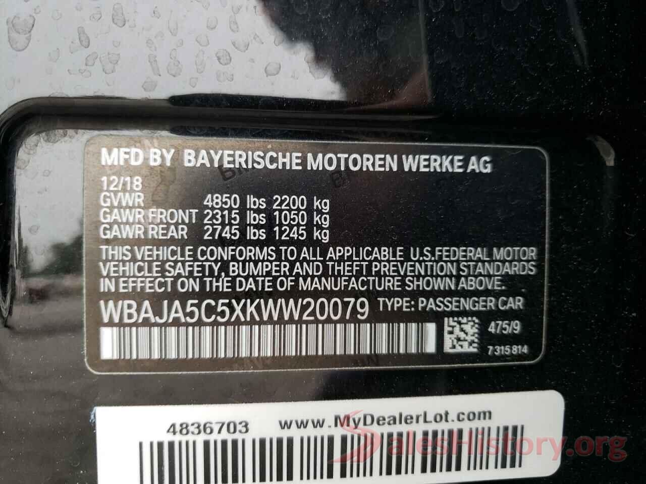 WBAJA5C5XKWW20079 2019 BMW 5 SERIES