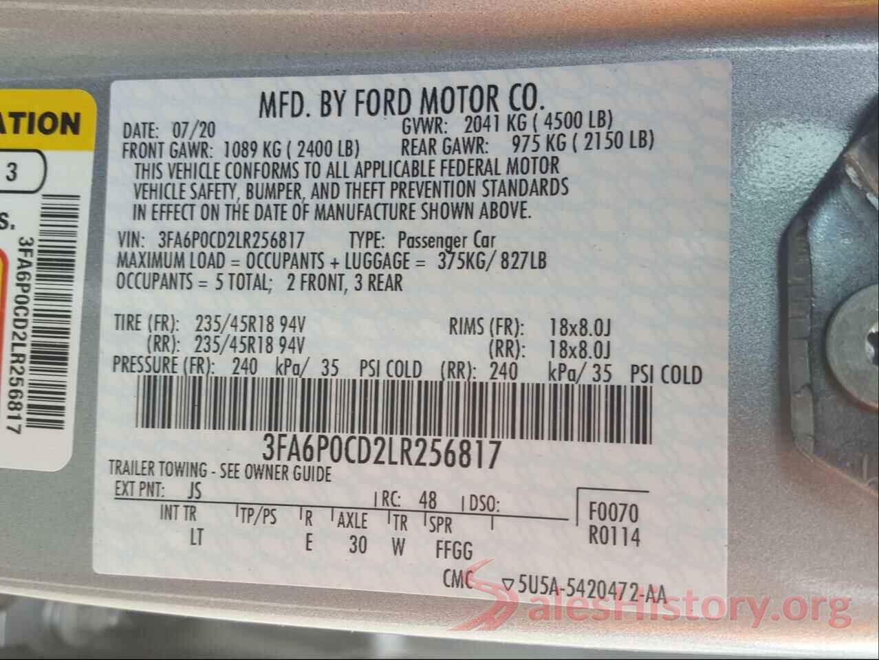 3FA6P0CD2LR256817 2020 FORD FUSION