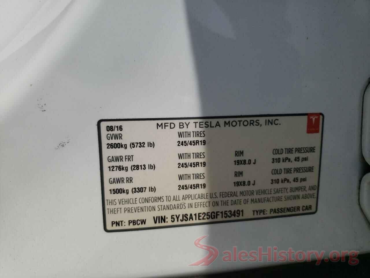 5YJSA1E25GF153491 2016 TESLA MODEL S