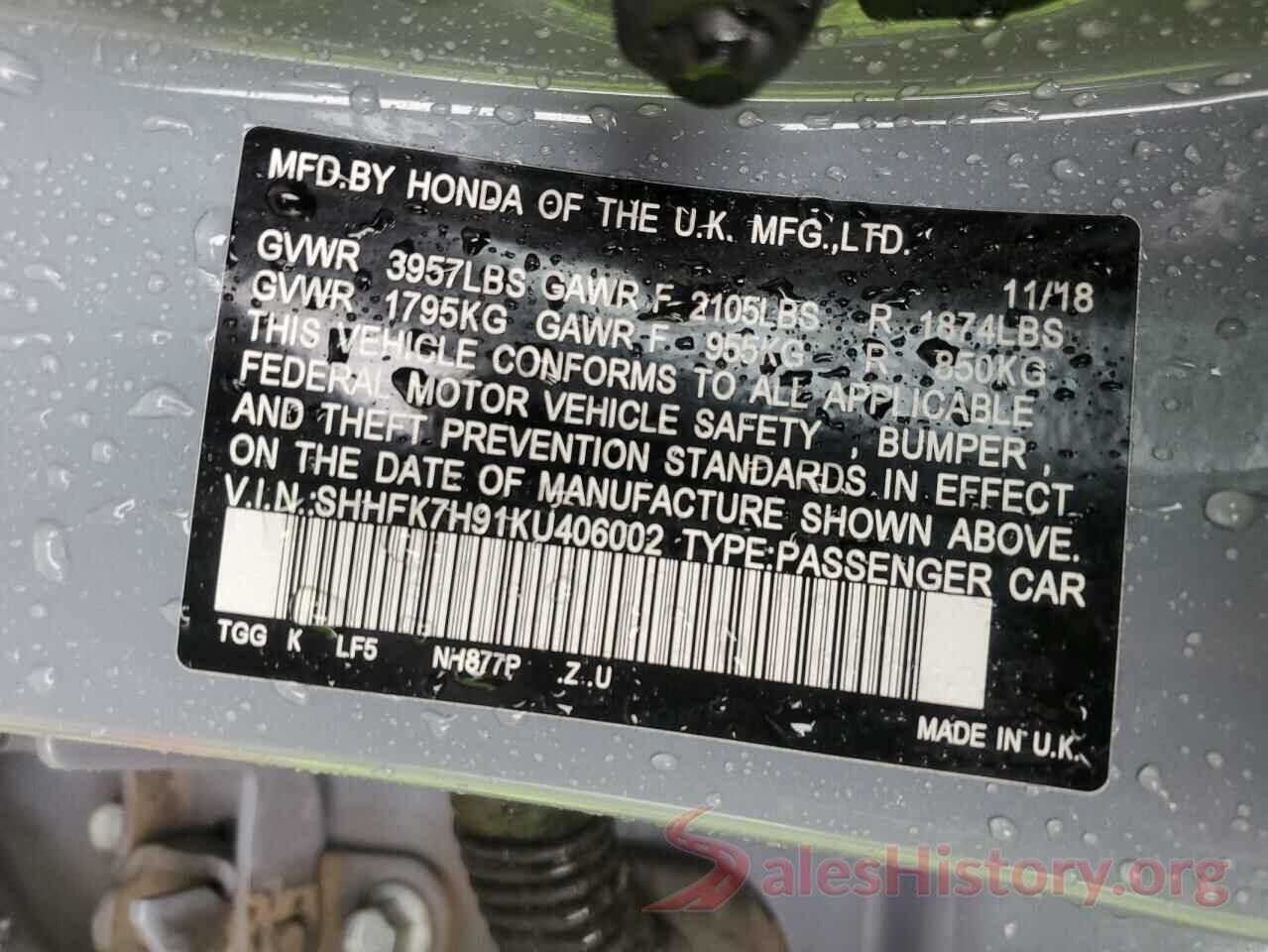 SHHFK7H91KU406002 2019 HONDA CIVIC