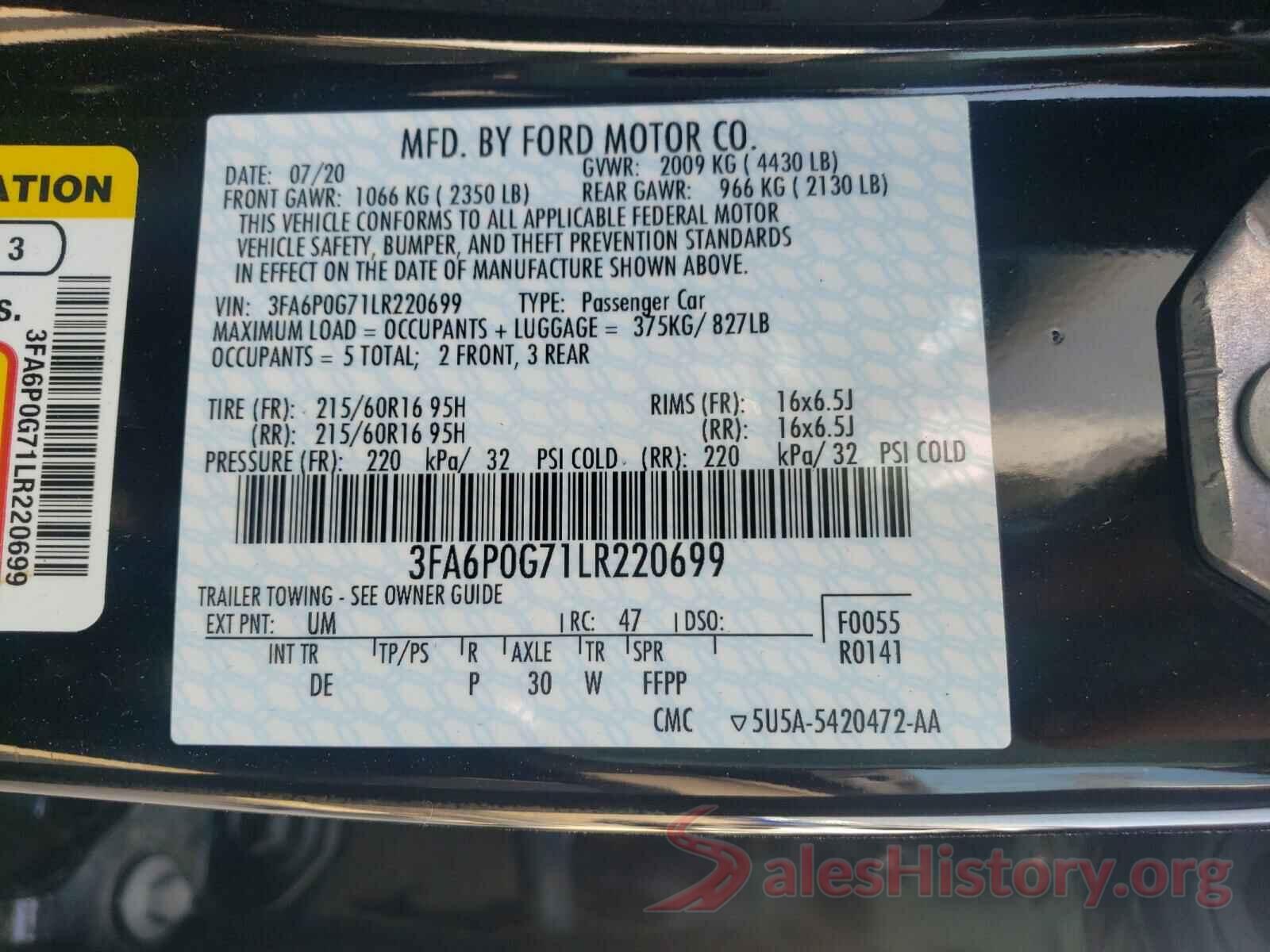 3FA6P0G71LR220699 2020 FORD FUSION