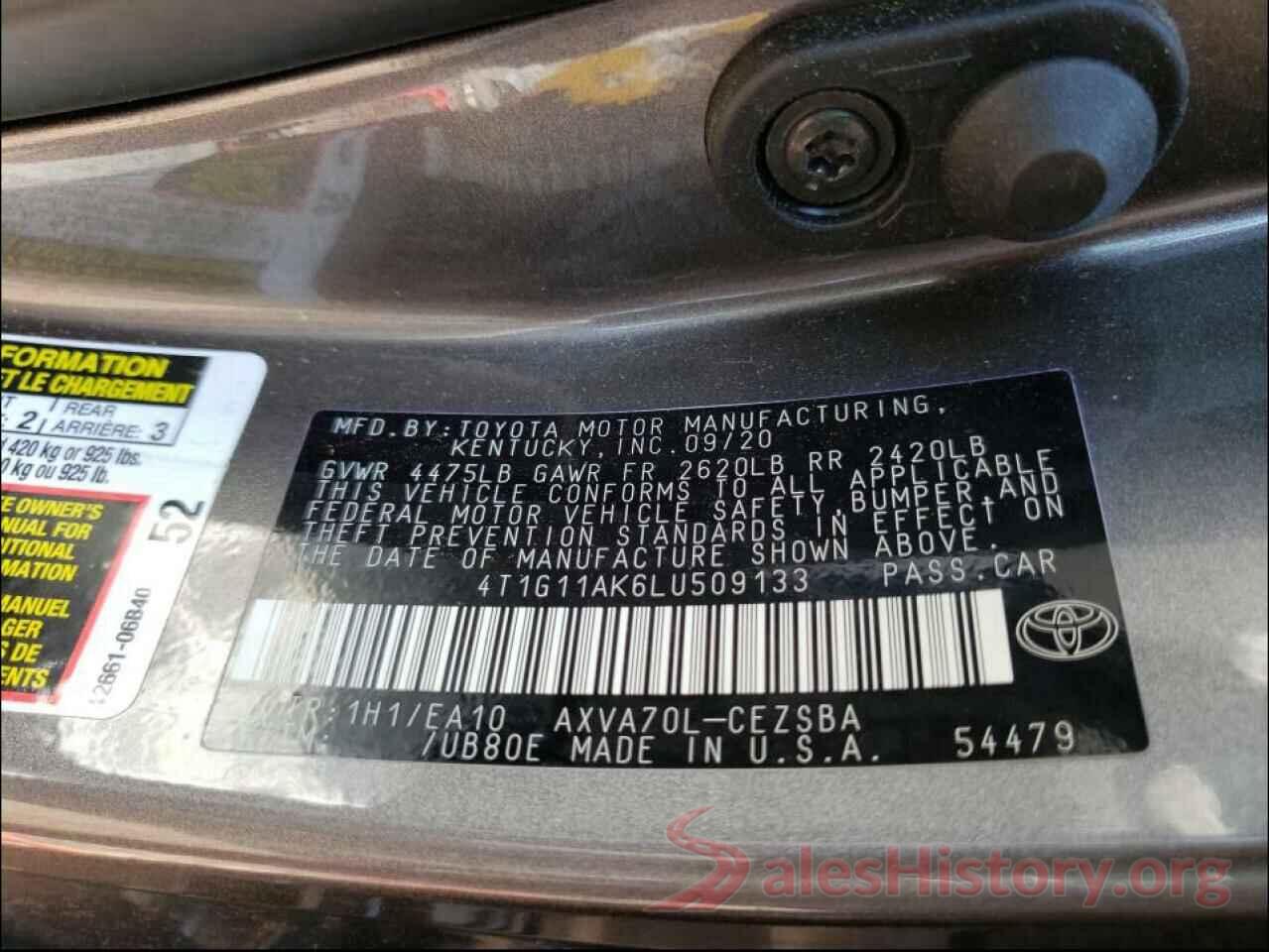 4T1G11AK6LU509133 2020 TOYOTA CAMRY