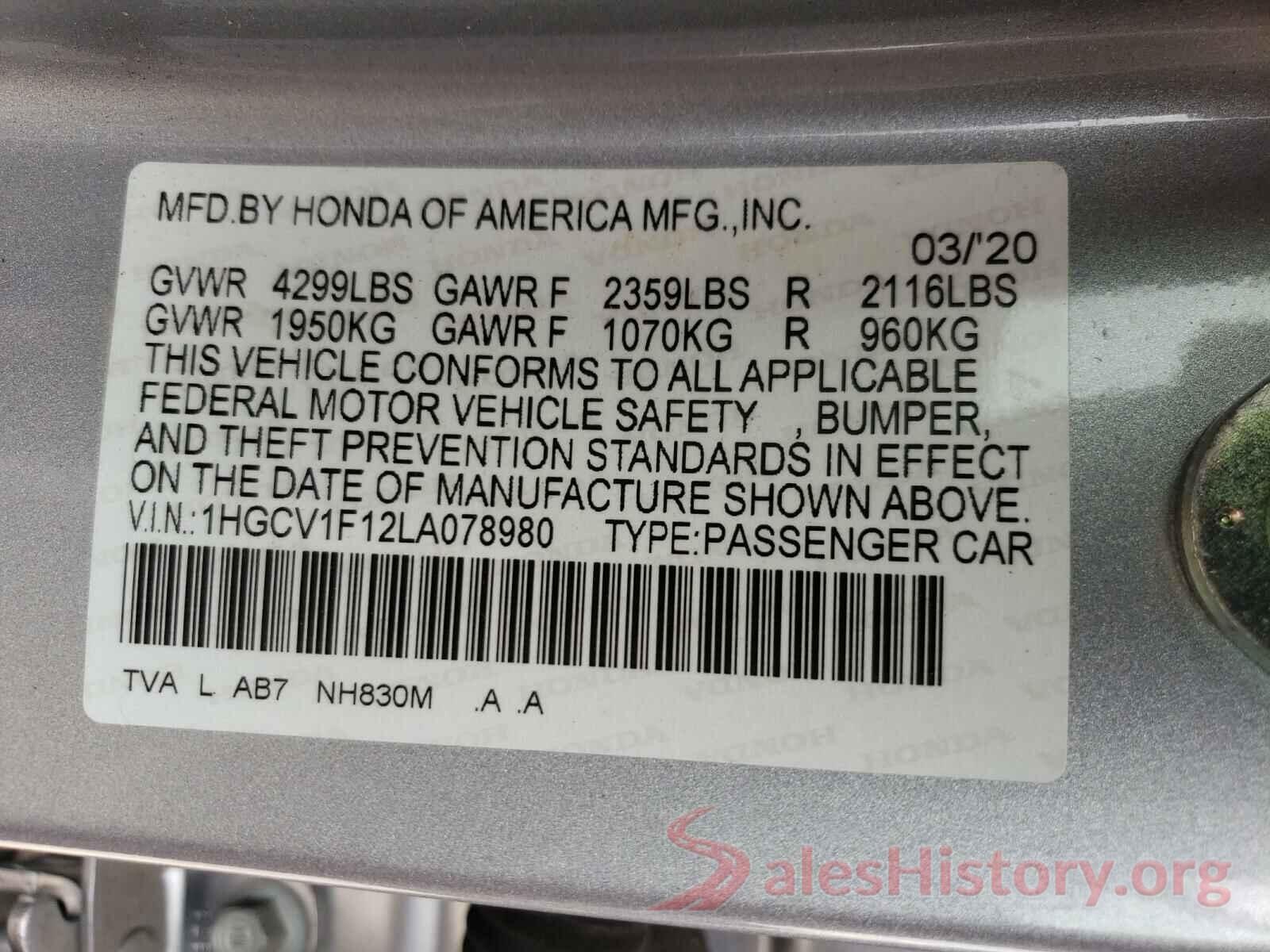 1HGCV1F12LA078980 2020 HONDA ACCORD