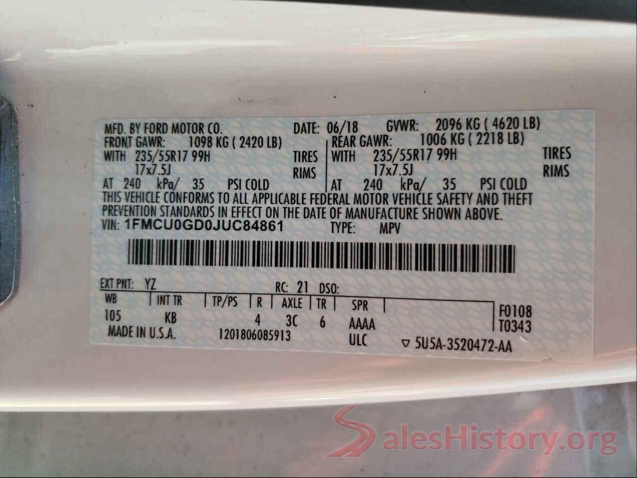 1FMCU0GD0JUC84861 2018 FORD ESCAPE