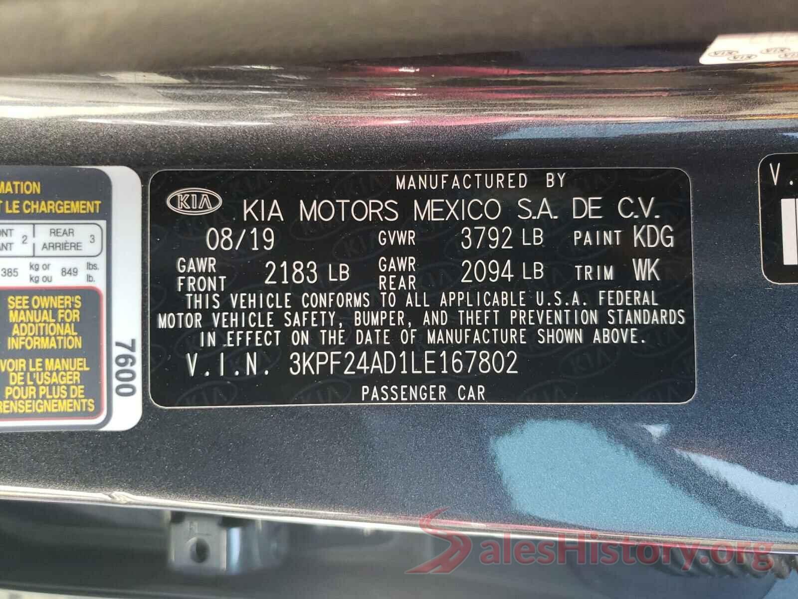 3KPF24AD1LE167802 2020 KIA FORTE