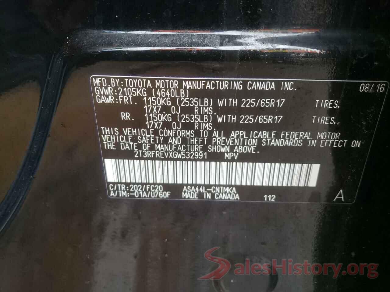 2T3RFREVXGW532991 2016 TOYOTA RAV4