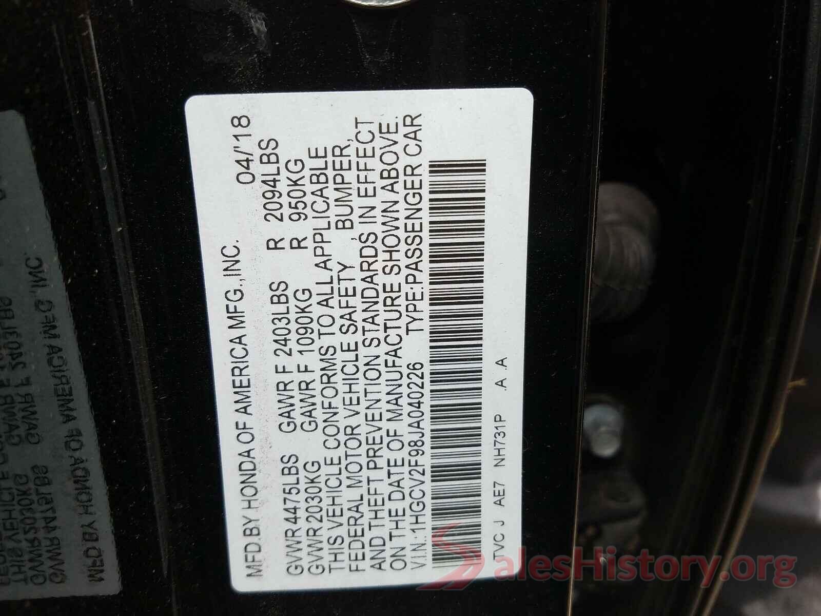 1HGCV2F98JA040226 2018 HONDA ACCORD