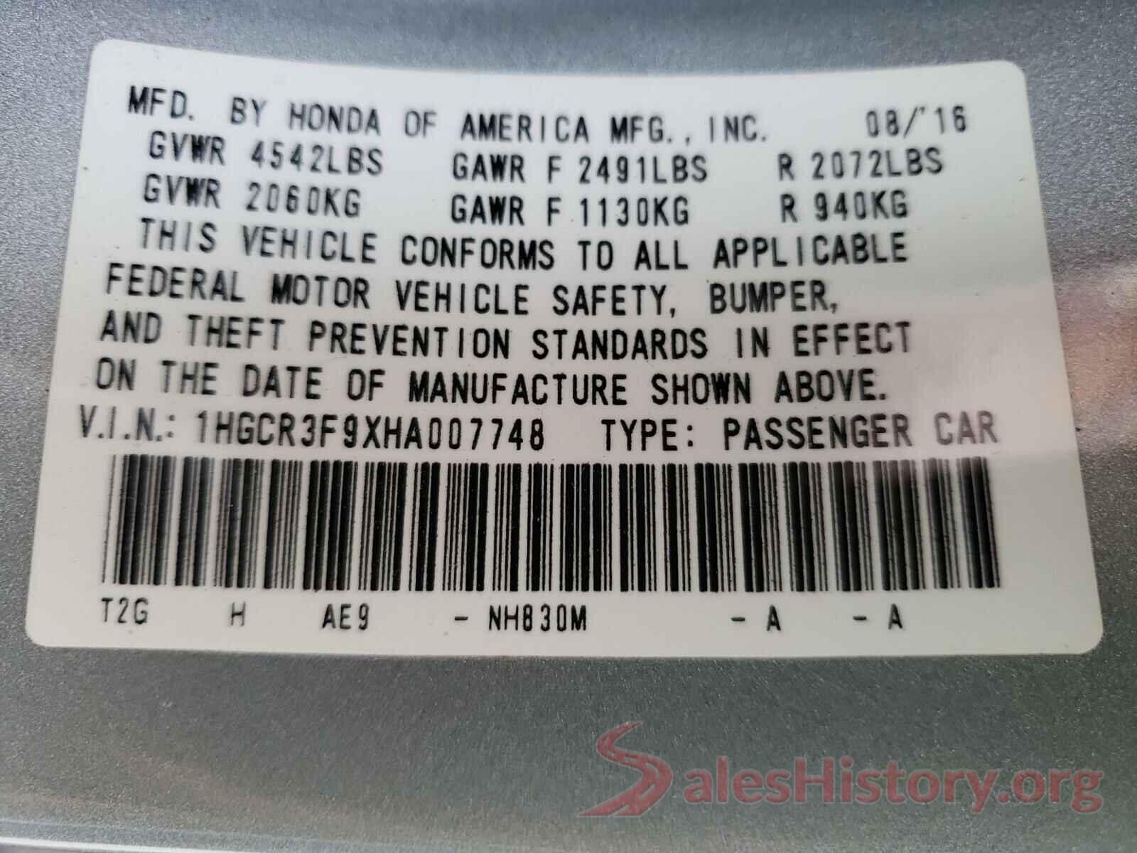 1HGCR3F9XHA007748 2017 HONDA ACCORD