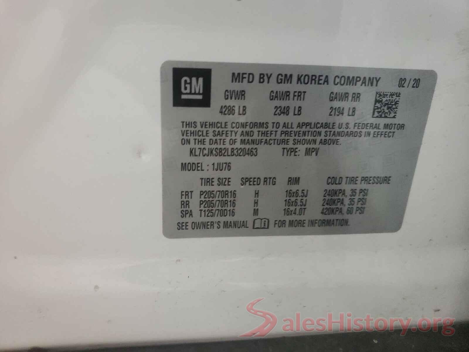 KL7CJKSB2LB320463 2020 CHEVROLET TRAX