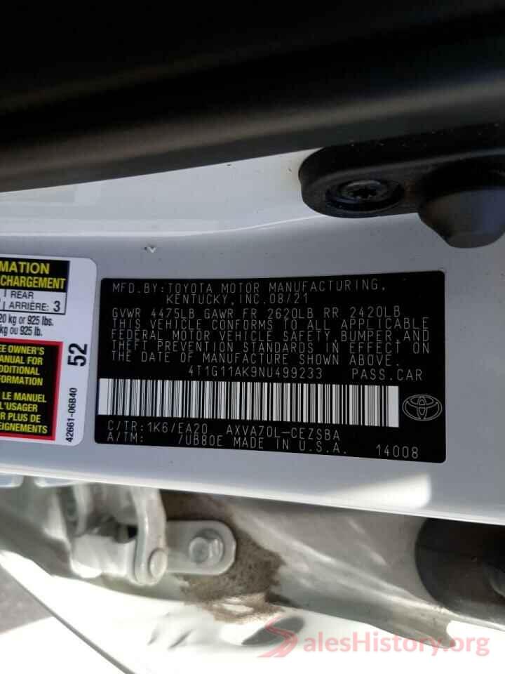 4T1G11AK9NU499233 2022 TOYOTA CAMRY