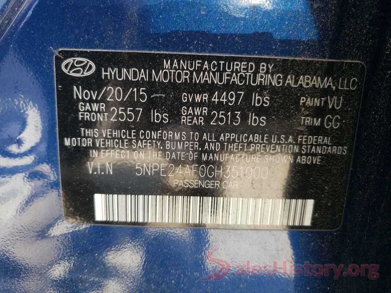 5NPE24AF0GH351000 2016 HYUNDAI SONATA