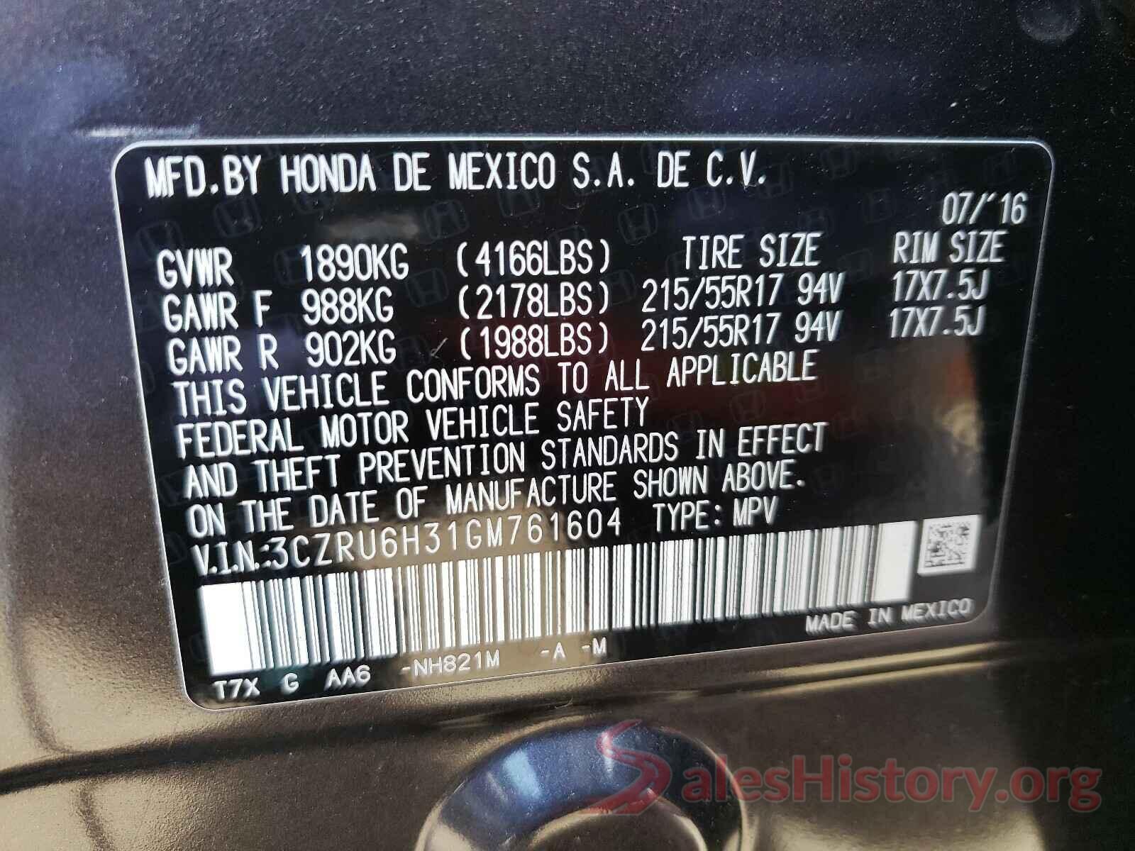 3CZRU6H31GM761604 2016 HONDA HR-V