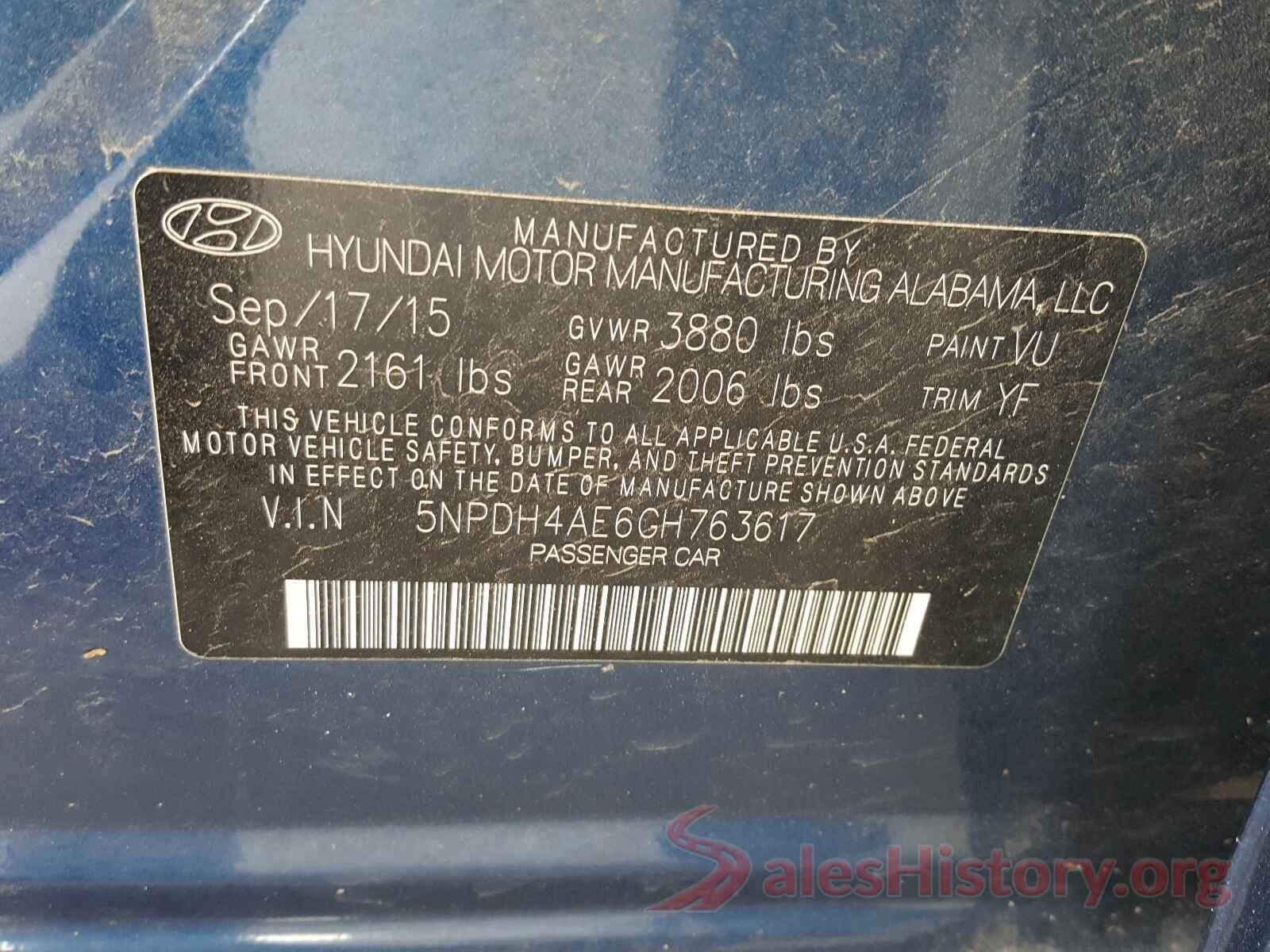 5NPDH4AE6GH763617 2016 HYUNDAI ELANTRA