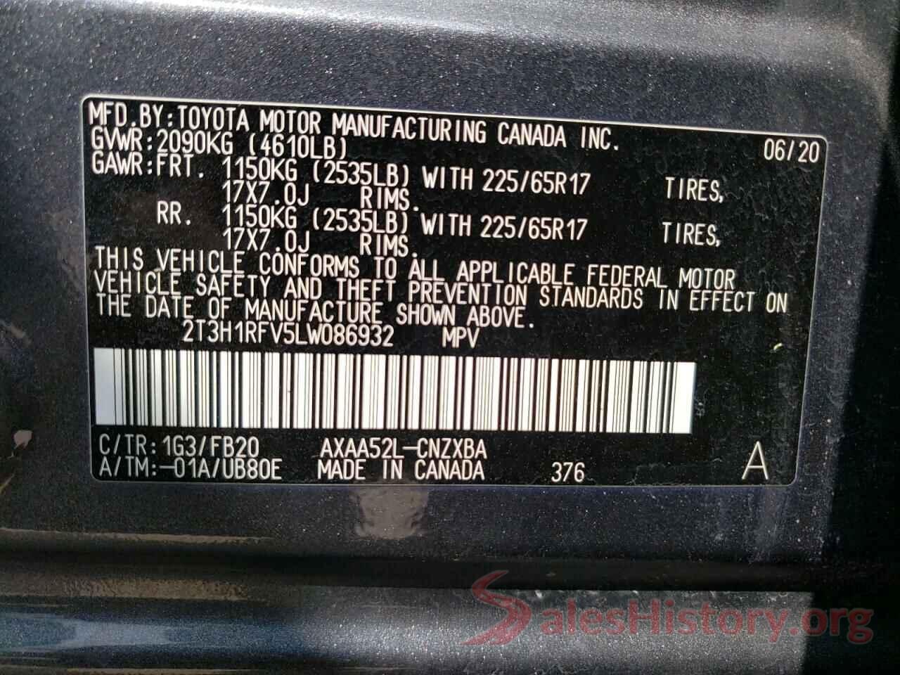 2T3H1RFV5LW086932 2020 TOYOTA RAV4