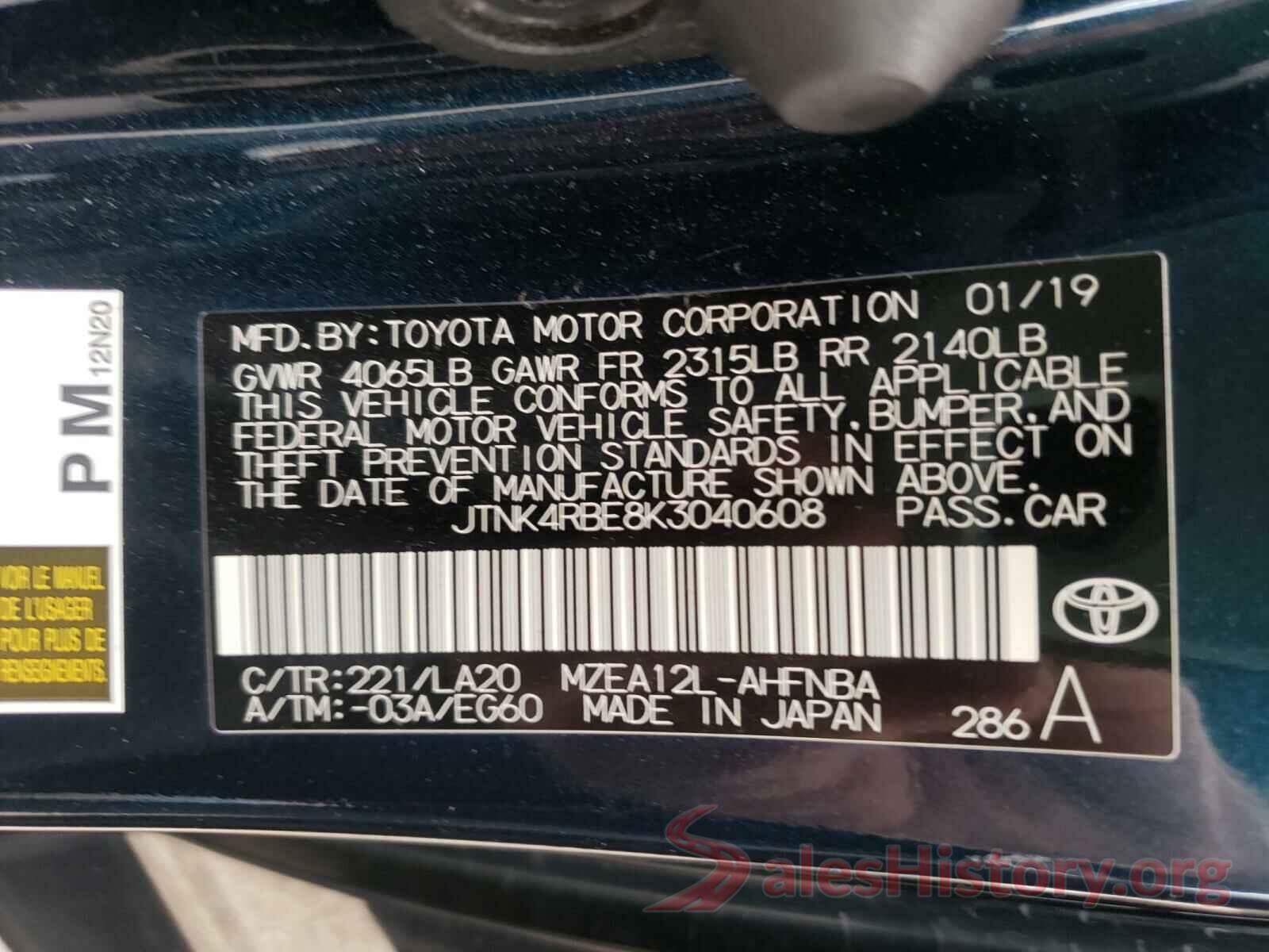 JTNK4RBE8K3040608 2019 TOYOTA COROLLA