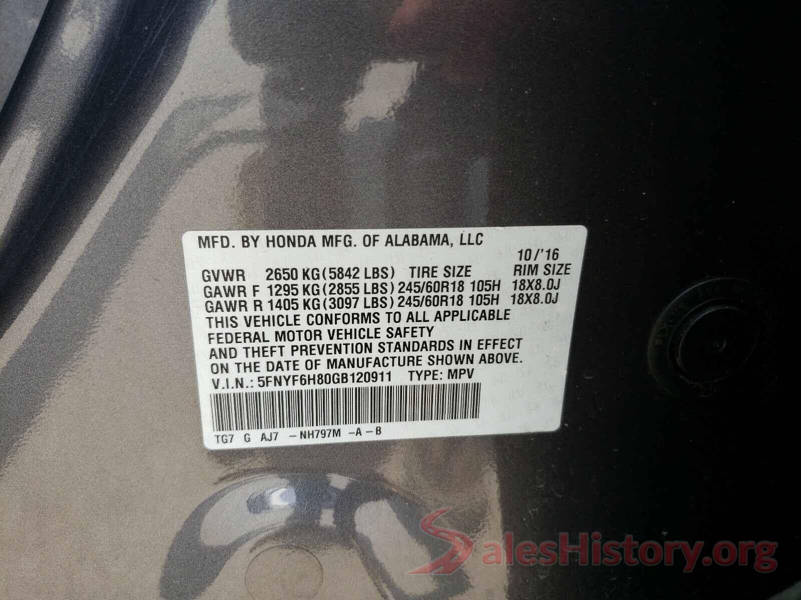 5FNYF6H80GB120911 2016 HONDA PILOT