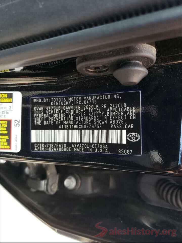 4T1B11HKXKU776757 2019 TOYOTA CAMRY