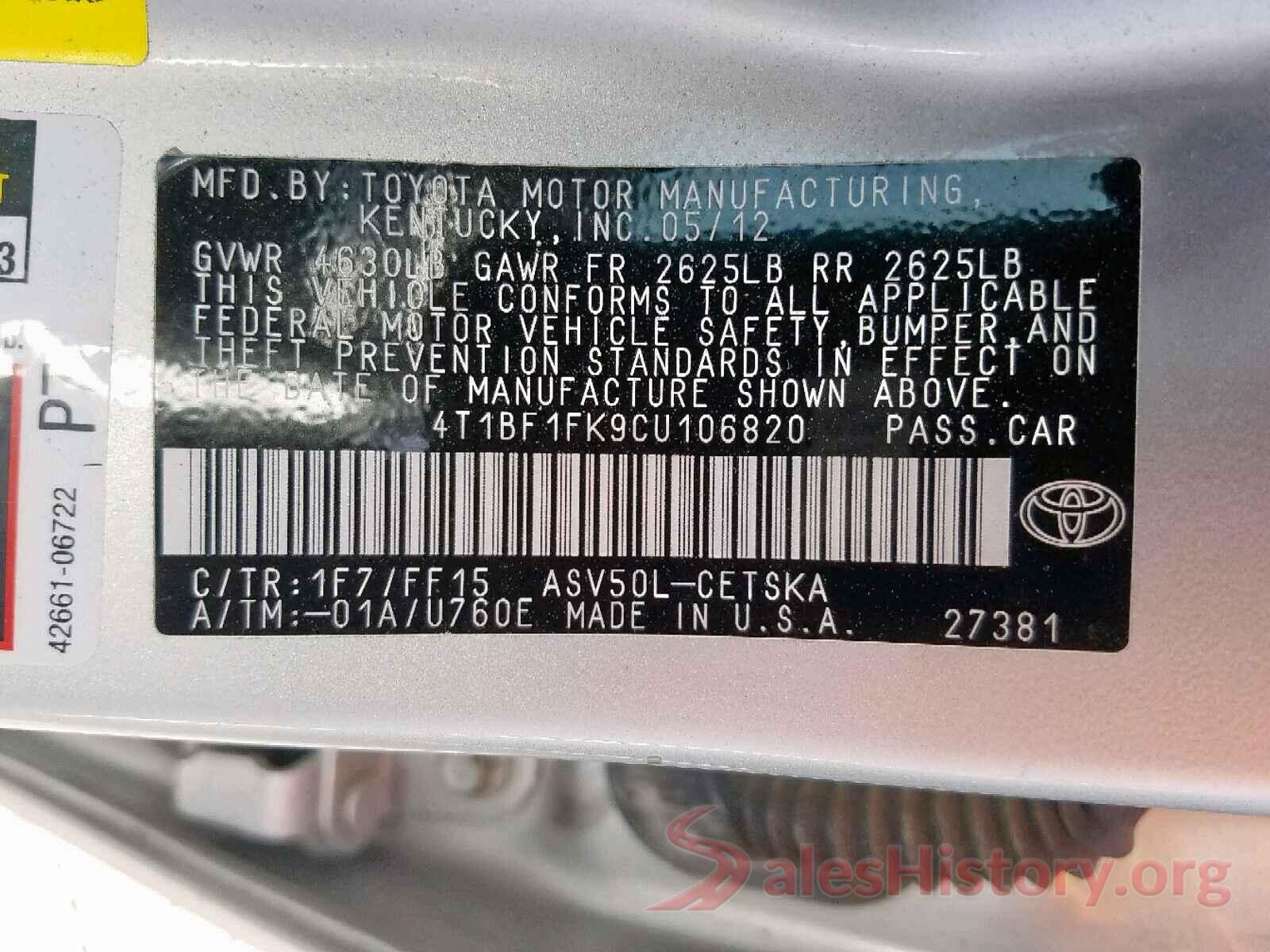 4T1BF1FK9CU106820 2012 TOYOTA CAMRY BASE