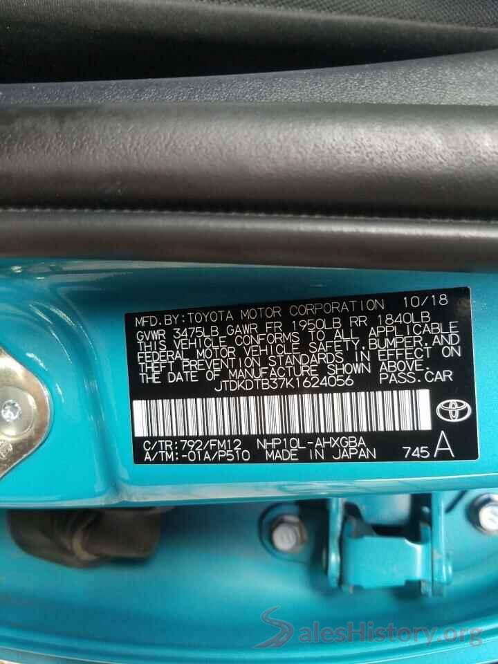 JTDKDTB37K1624056 2019 TOYOTA PRIUS