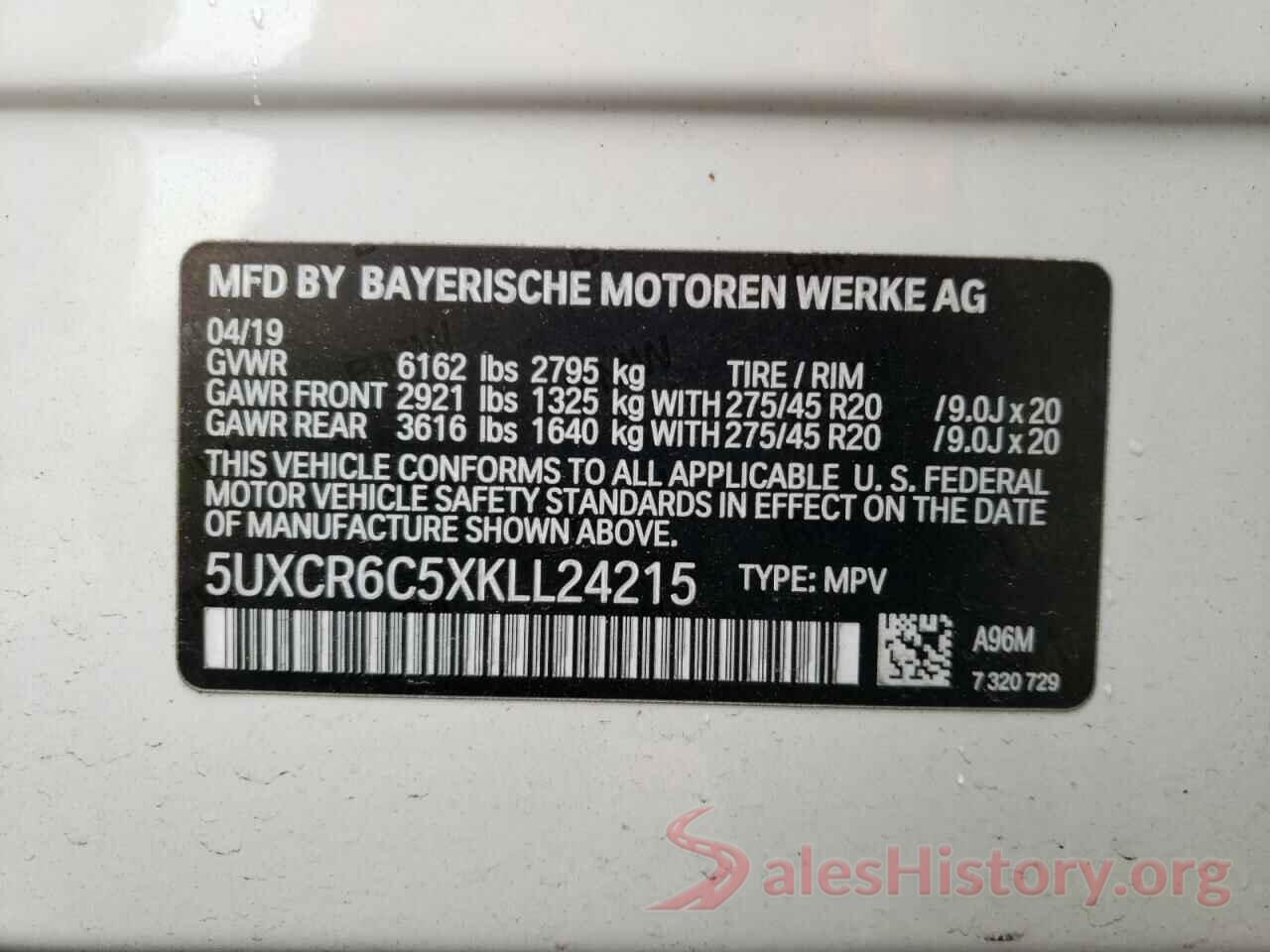 5UXCR6C5XKLL24215 2019 BMW X5