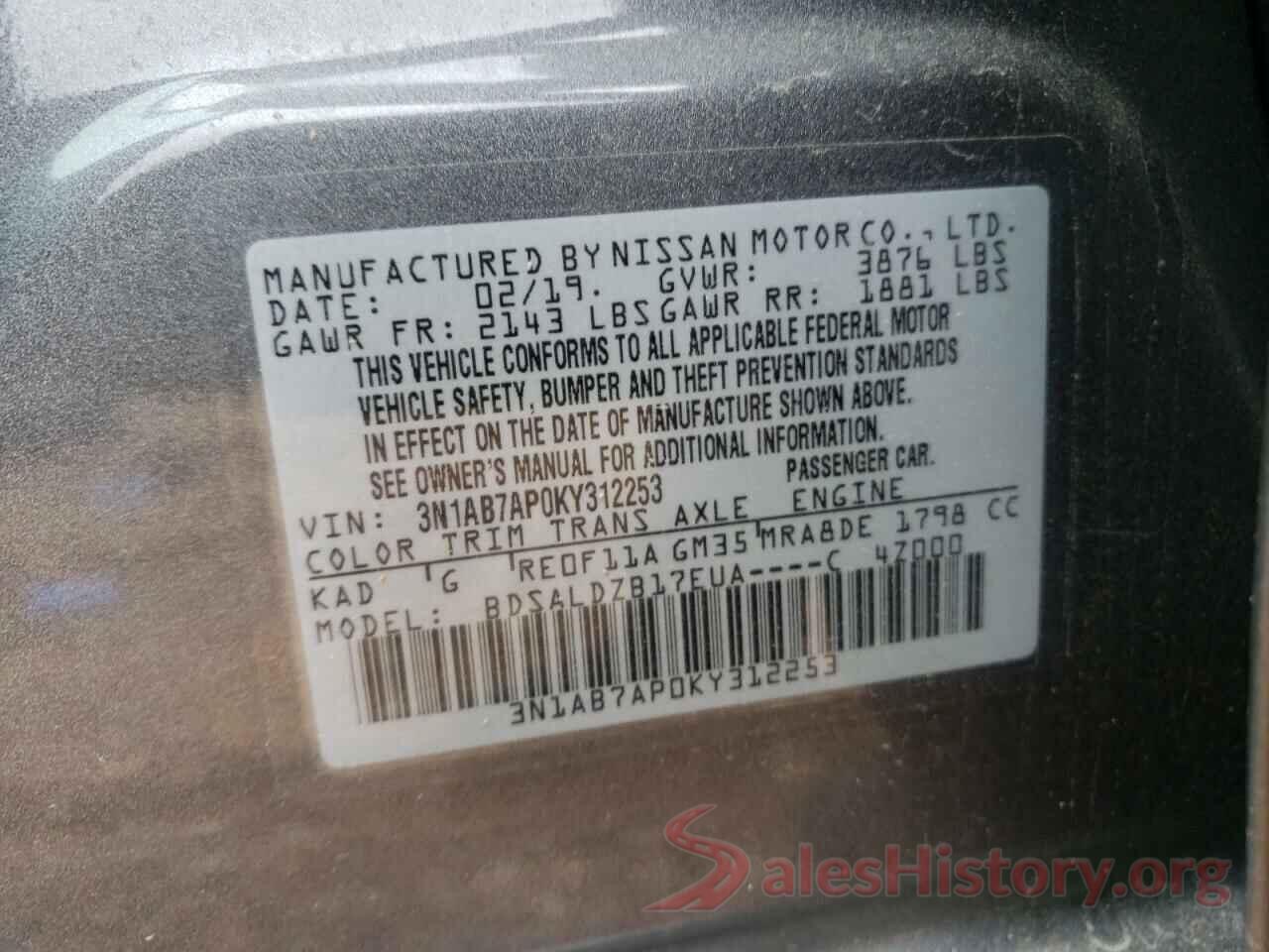 3N1AB7AP0KY312253 2019 NISSAN SENTRA