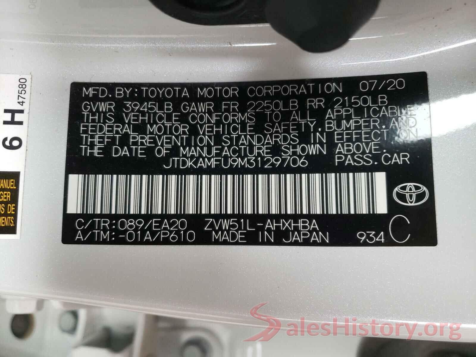 JTDKAMFU9M3129706 2021 TOYOTA PRIUS