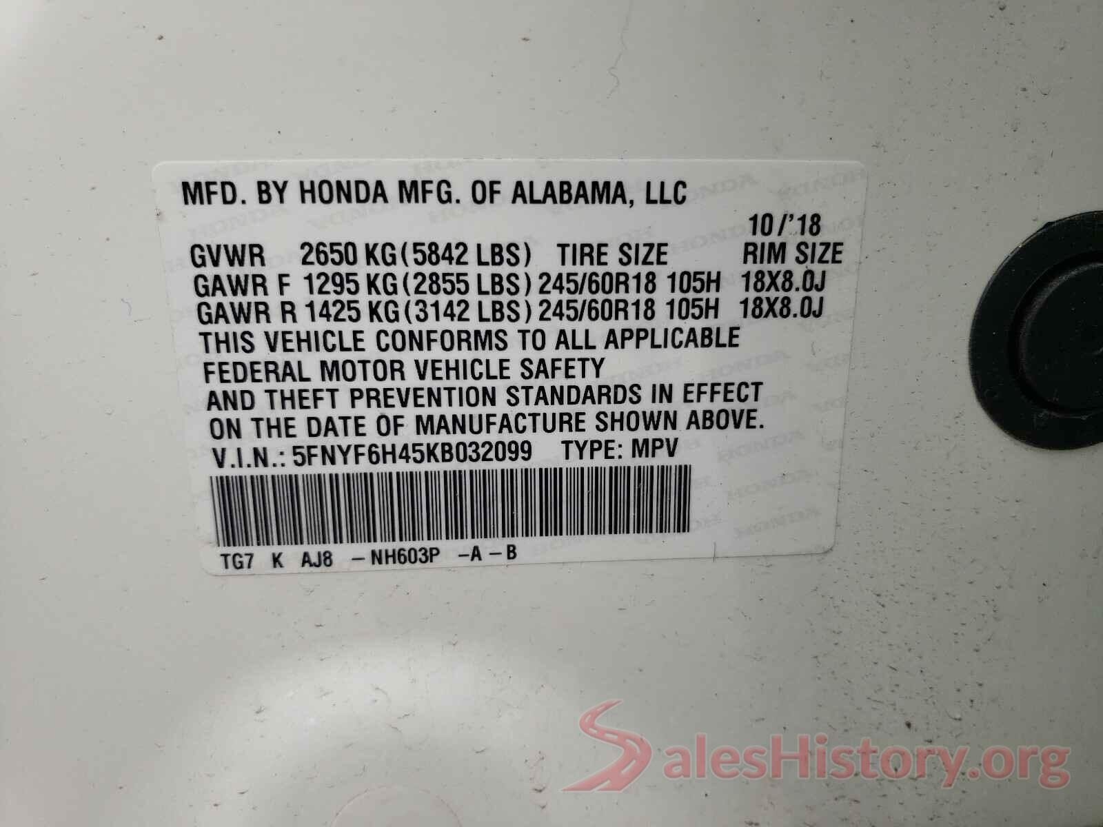 5FNYF6H45KB032099 2019 HONDA PILOT