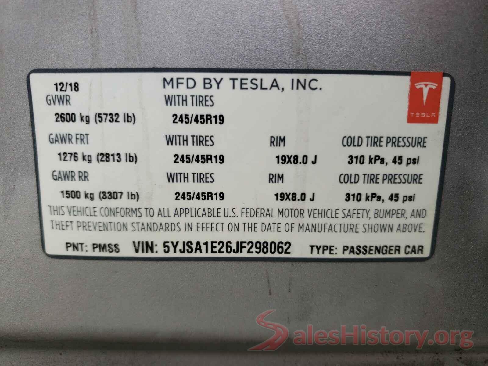 5YJSA1E26JF298062 2018 TESLA MODEL S