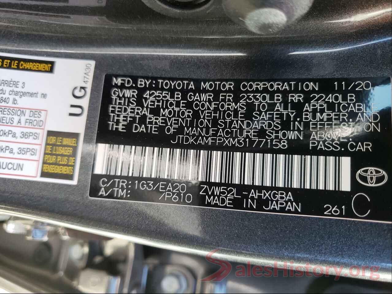 JTDKAMFPXM3177158 2021 TOYOTA PRIUS