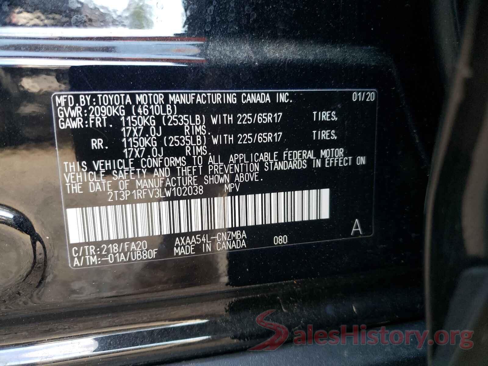 2T3P1RFV3LW102038 2020 TOYOTA RAV4