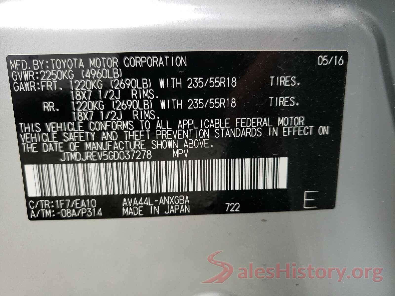 JTMDJREV5GD037278 2016 TOYOTA RAV4