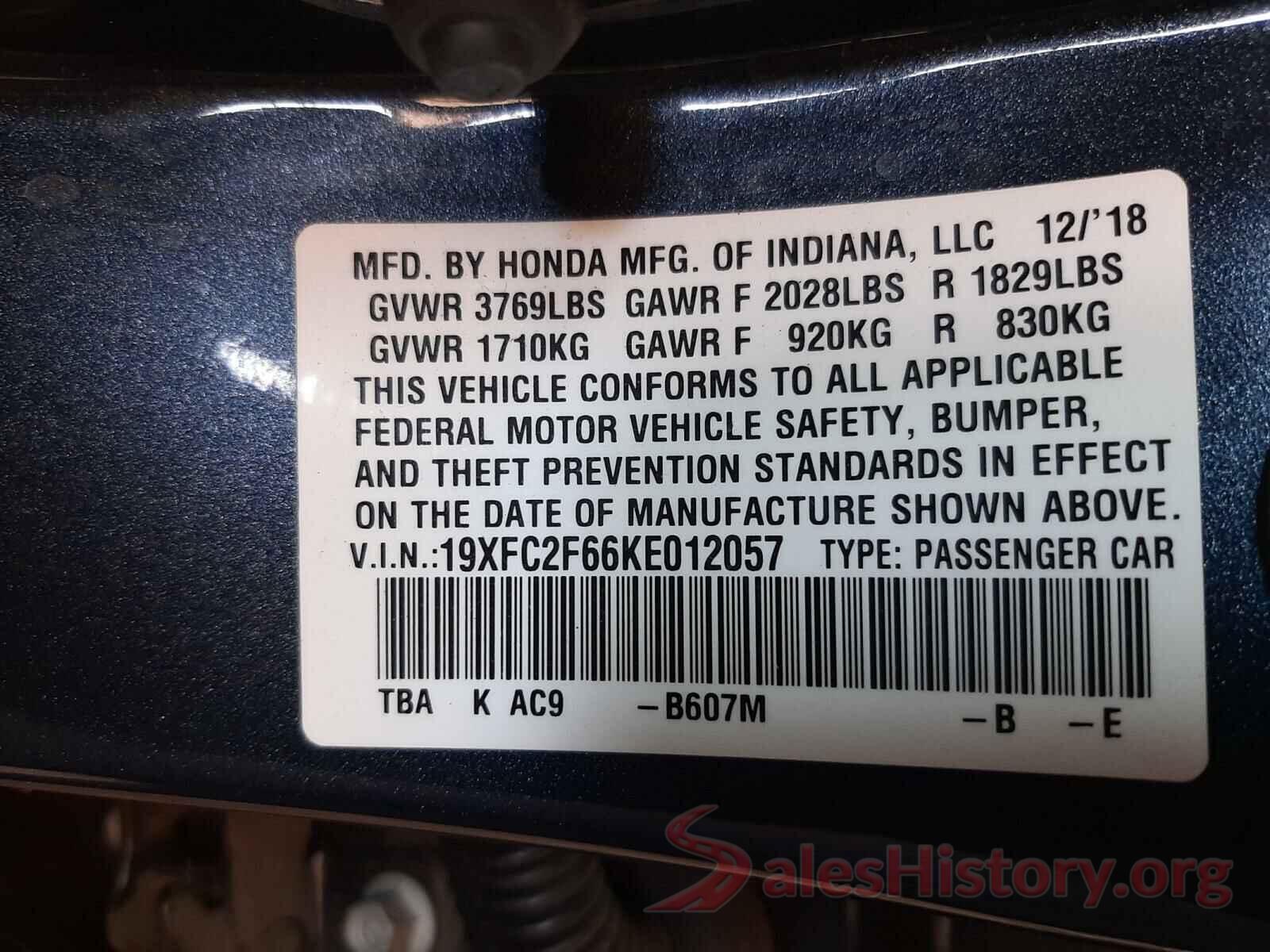 19XFC2F66KE012057 2019 HONDA CIVIC