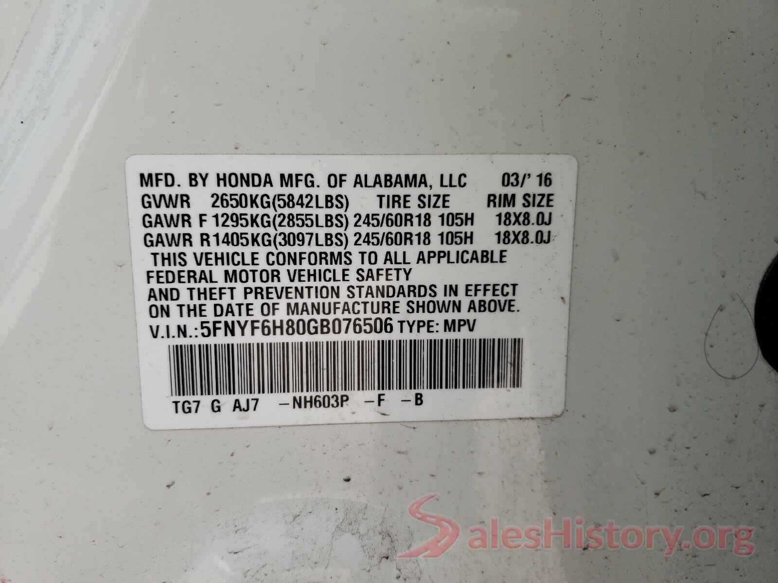 5FNYF6H80GB076506 2016 HONDA PILOT