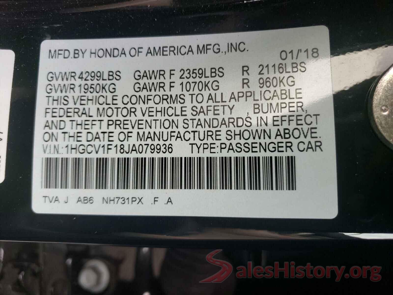 1HGCV1F18JA079936 2018 HONDA ACCORD