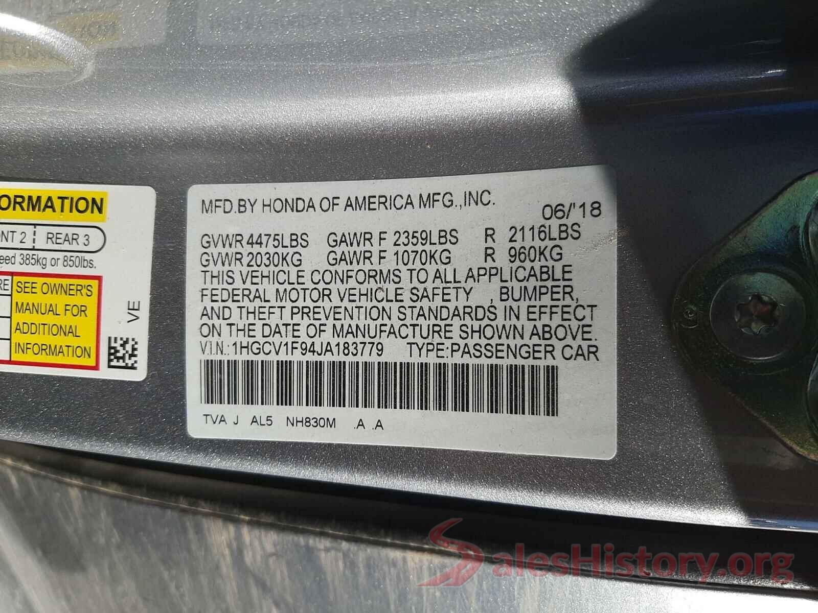 1HGCV1F94JA183779 2018 HONDA ACCORD