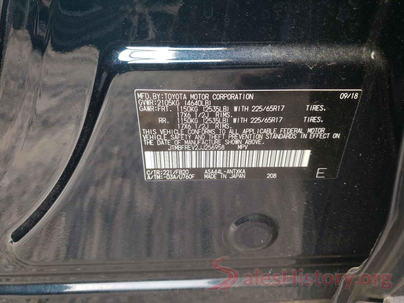 JTMBFREV2JJ256958 2018 TOYOTA RAV4