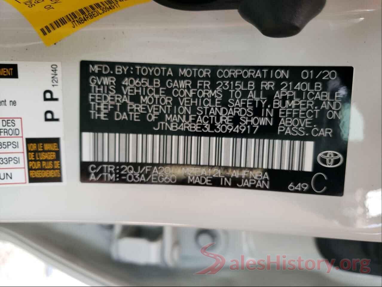 JTNB4RBE3L3094917 2020 TOYOTA COROLLA