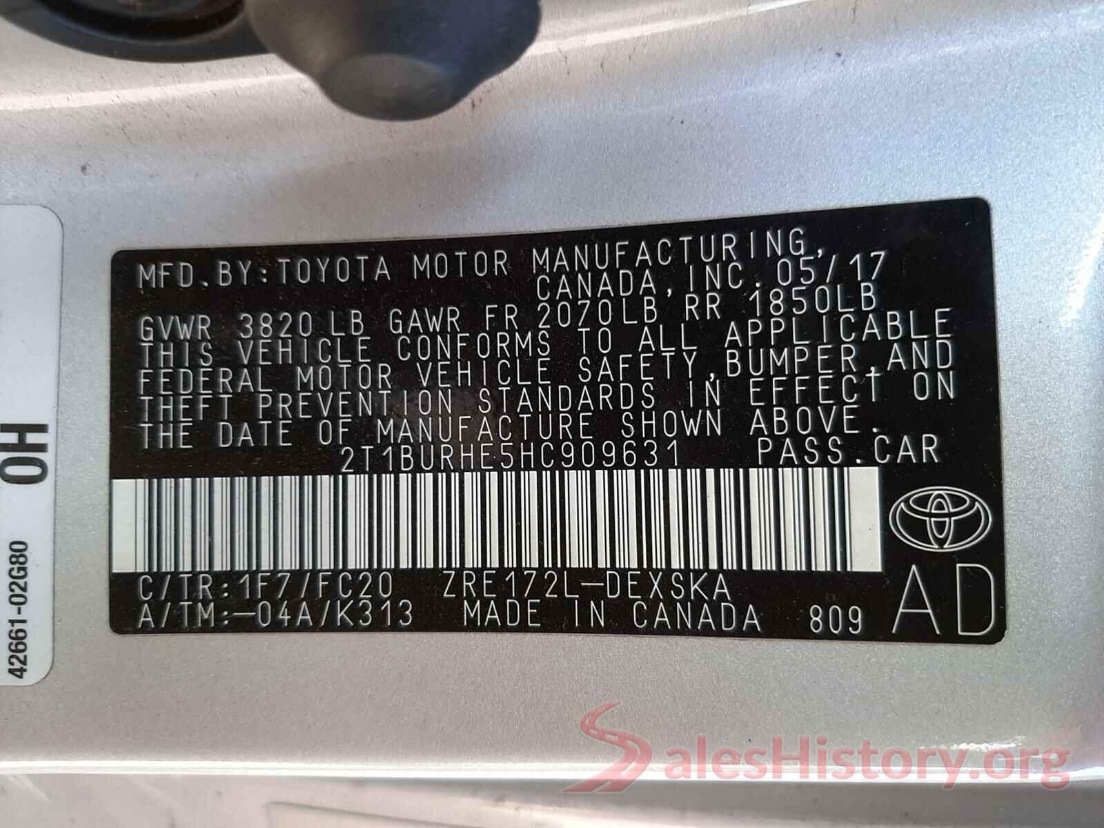 2T1BURHE5HC909631 2017 TOYOTA COROLLA