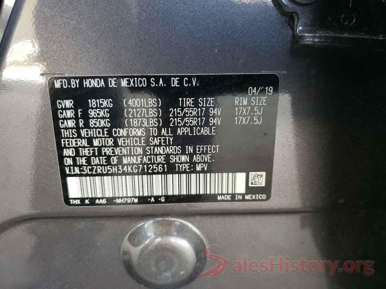 3CZRU5H34KG712561 2019 HONDA HR-V