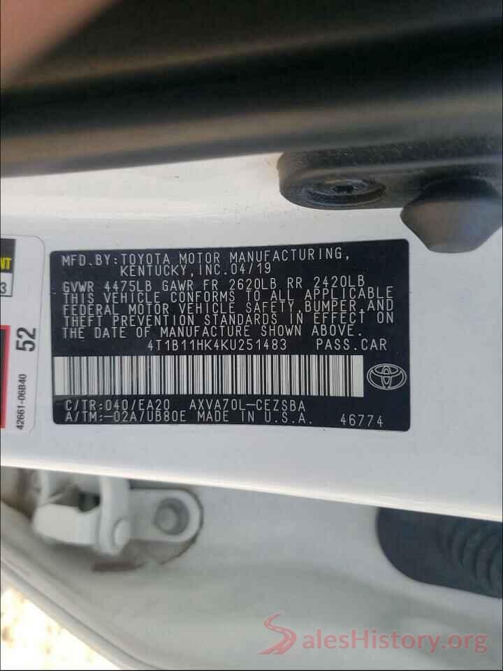 4T1B11HK4KU251483 2019 TOYOTA CAMRY