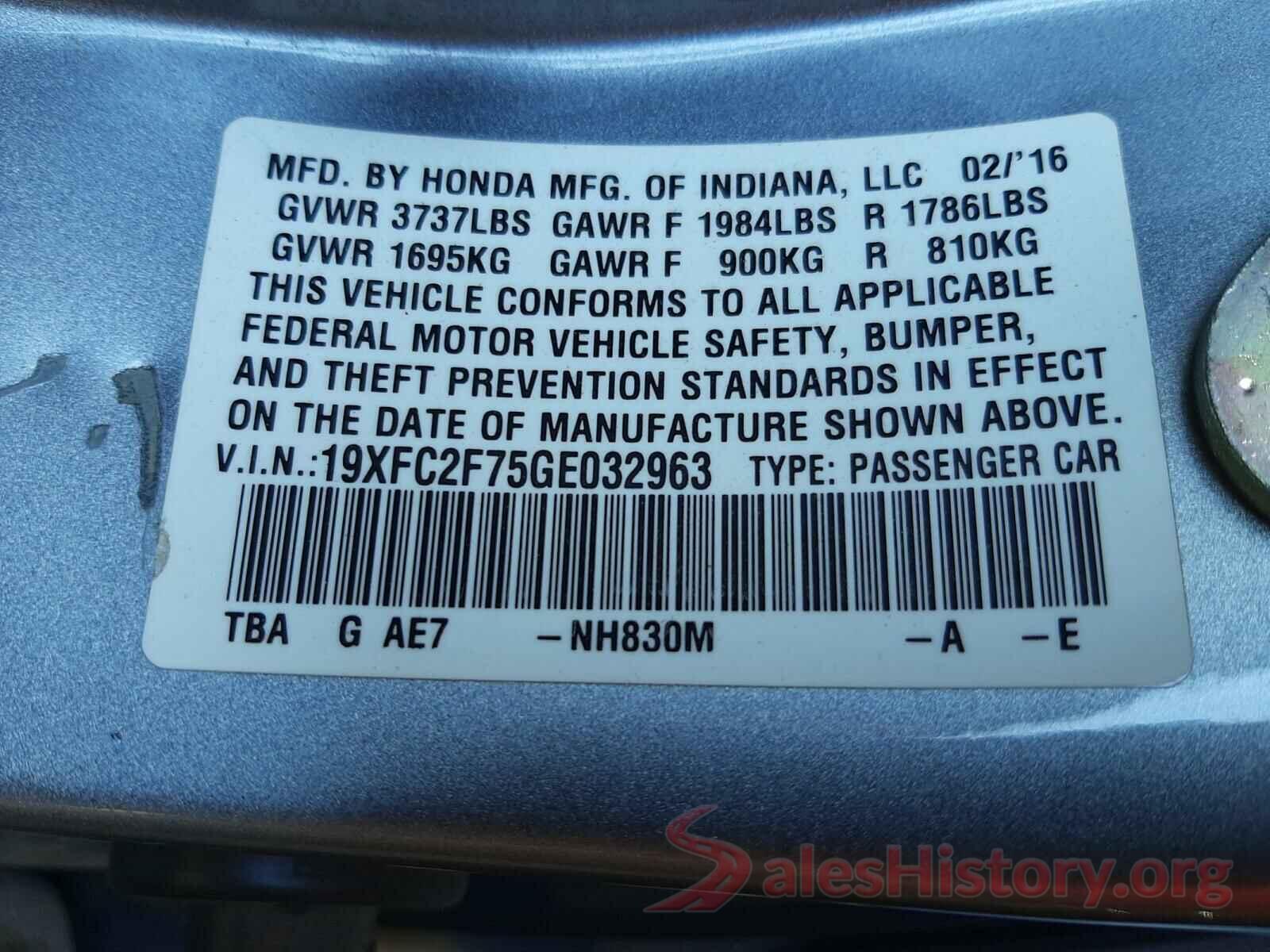 19XFC2F75GE032963 2016 HONDA CIVIC