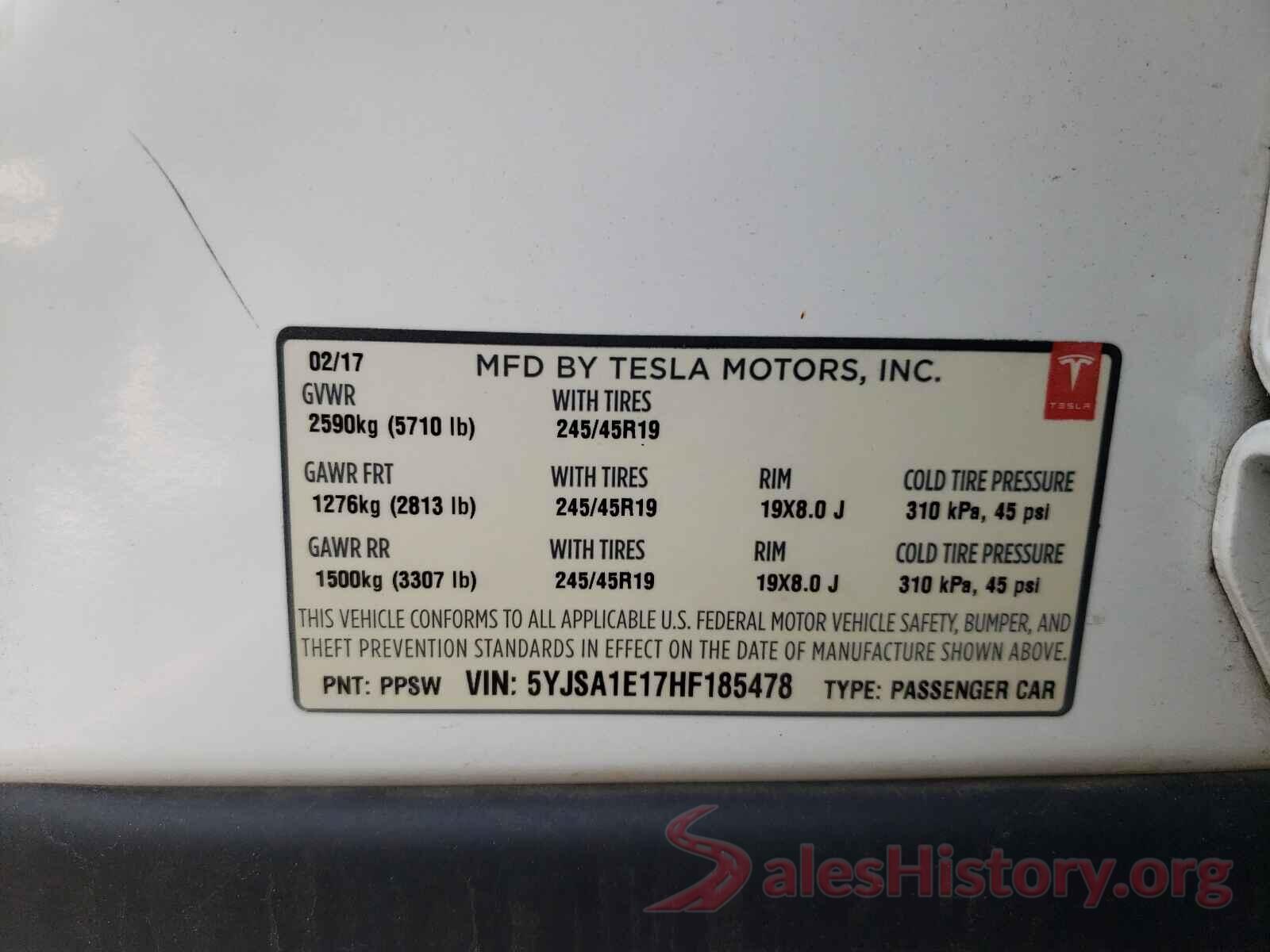 5YJSA1E17HF185478 2017 TESLA MODEL S